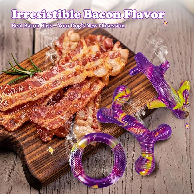 Furdog Indestructible Dog Toy 3Pack, Dog Chew Toys for Aggressive Chewers, Tough Dog Toys to Keep Them Busy for Medium Large Breed, Bacon Flavor (Purple)
