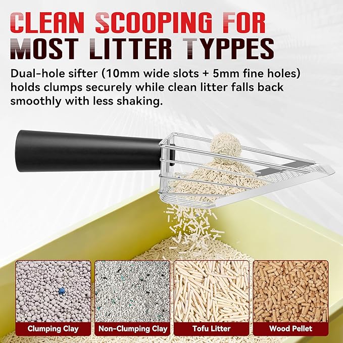 Metal Cat Litter Scoop with Holder, Heavy Duty Deep Sifter with Dual-Hole (10mm/5mm) for Pellets & Clay, Non-Stick (Black)