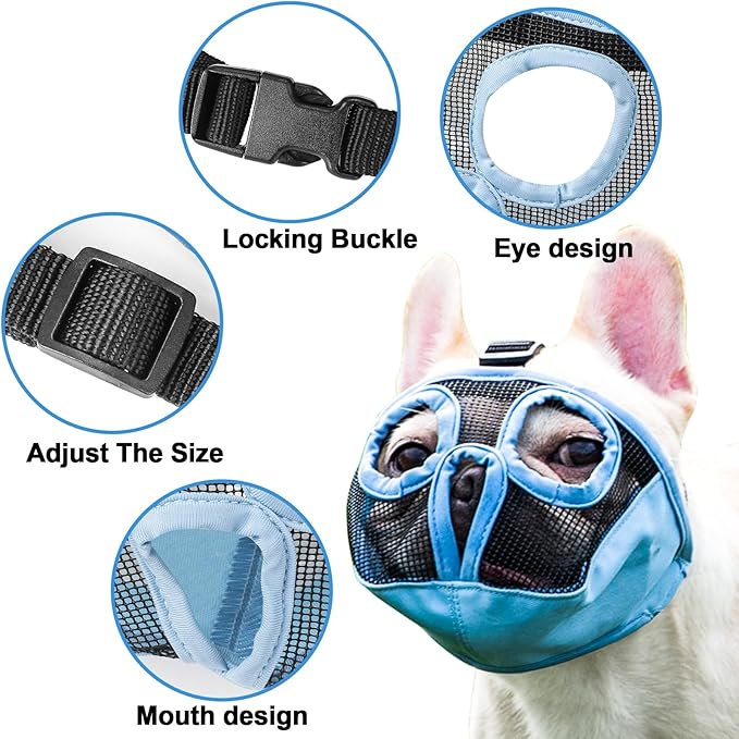 Short Snout Dog Muzzles- Adjustable Breathable Mesh Bulldog Muzzle for Biting Chewing Training Grooming Dog Mask,Blue L