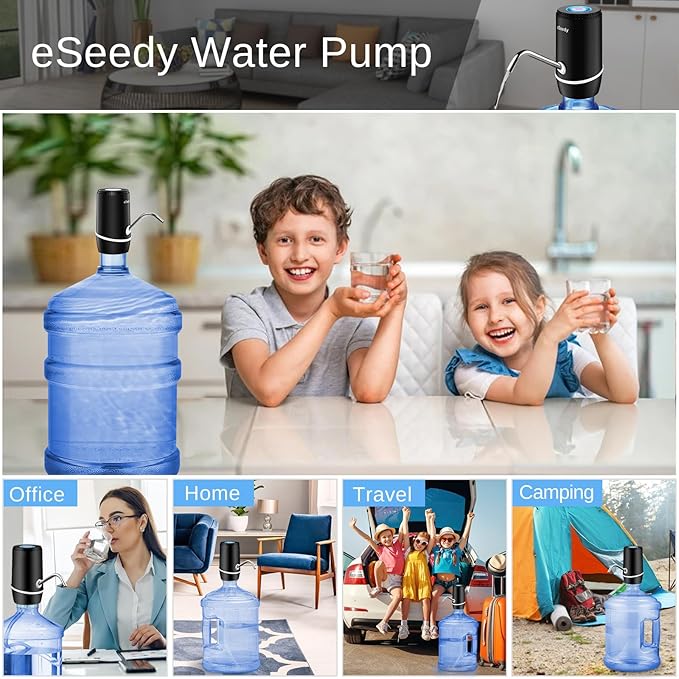 Water Pump for 5 Gallon Bottle, USB Charging Automatic Water Dispenser with Rechargeable Battery, Portable Electric Drinking Water Jug Pump for Home, Kitchen, Living Room, Office, Camping - Black