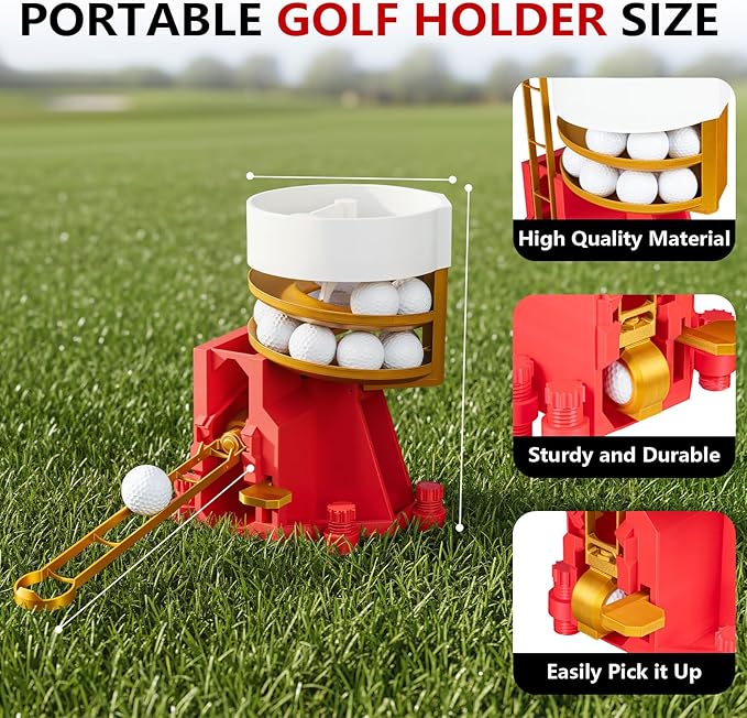 Golf Ball Dispenser, Golf Ball Launcher Pro, Automatic Golf Ball Dispenser & Launcher Pro, High-Capacity Hands-Free Practice Machine, Funnel Included(Gold+Red+White)