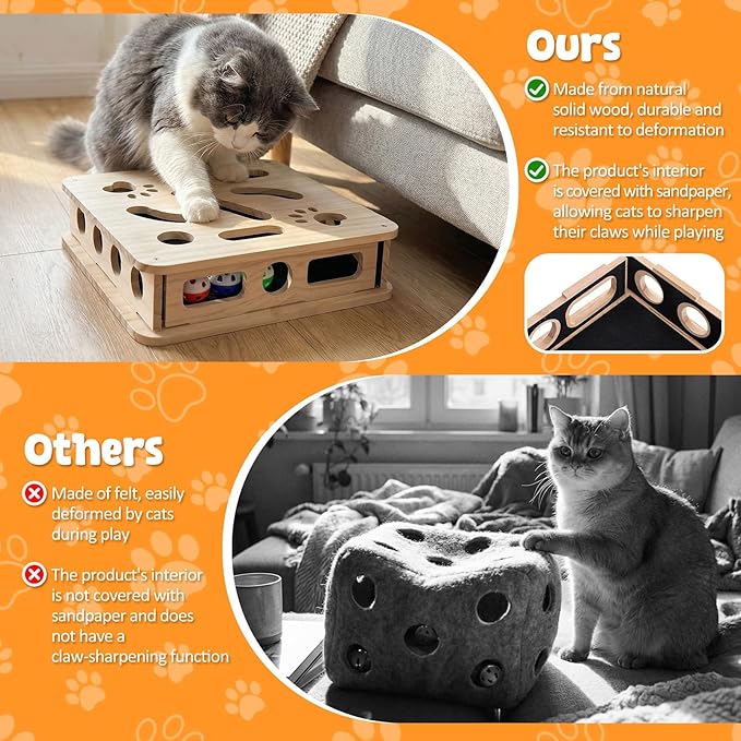 Cat Scratch Puzzle Enrichment Box, Cat Nail File Enrichment Box, Includes Replacement Sandpaper, 3 Bell Balls & 1 Teaser Wand,Wooden Puzzle Treat Toy Box Stimulate Cat Instincts for Bored Cats