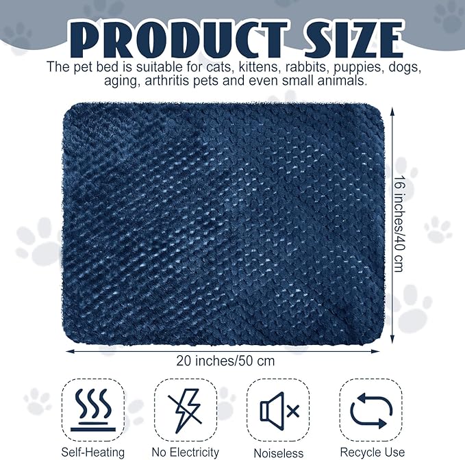 Drydiet 4 Pcs Self Heating Cat Pad Self Warming Cat Bed Dog Heating Pad Washable Thermal Pet Mat for Indoor Outdoor Pet 16 x 20 Inch Removable Non Slip(Navy Blue)