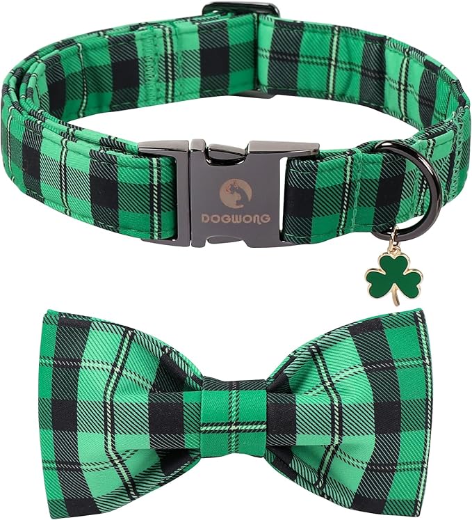 DOGWONG St. Patrick's Day Dog Collar with Bowtie, Green Plaid Bowtie Dog Collar for Small Medium Large Dogs,M