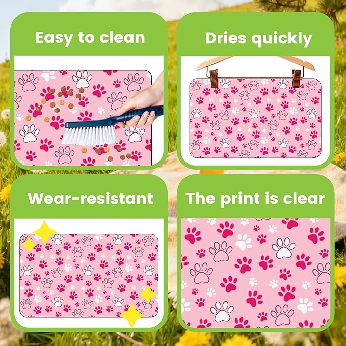 Dog Feeding Placemat Pink Cat Food Mat Small Cute Paw Print Pattern Rectangle Diatomaceous Earth Absorbent Quick Dry Pet Feeding Rugs Protect Floors for Food and Water Supplies 20 x 12 Inch