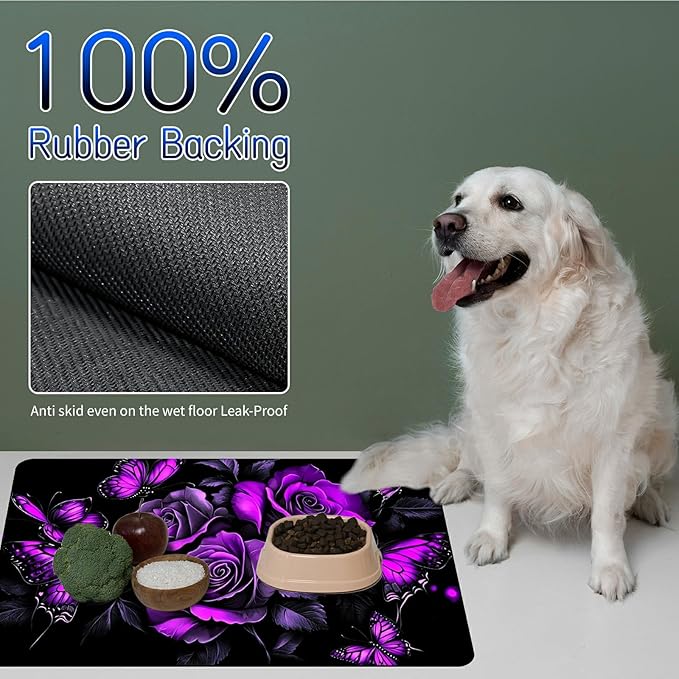 Dog Food Mat, 15.7" x 23.6" Absorbent Pet Feeding Mat for Food and Water, Waterproof Diatom Mud Pet Placemat with Non-Slip Rubber Backing, Easy Clean Cat Bowl Mat for Floors - Purple Rose 3