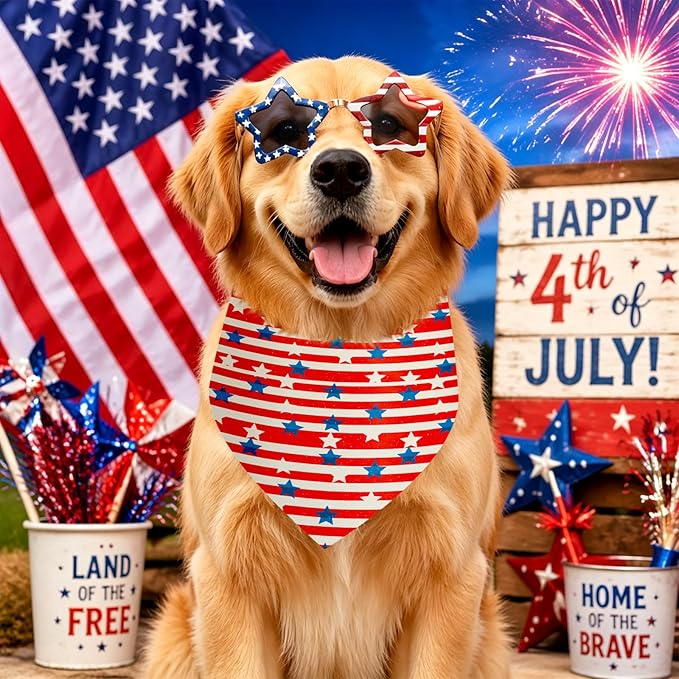 Weewooday 50 Pcs 4th of July Dog Bandanas Bulk for Patriotic American Striped Star Red White and Blue Independence Day Flag Scarf for Small Medium Large Outfit(Striped Star, 31.5 x 21.7 X21.7 Inch)