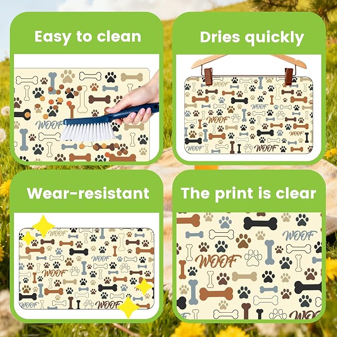 Cute Dog Food Mat 20 x 12 Inch Paw Print Bones Pattern Non Slip Design, Dog Feeding Mat Absorbent Quick Dry Washable Bowl Placemat Rug Protect Floors for Cat Pet Food Water Area Home Use