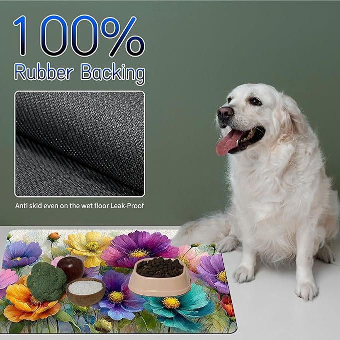 Dog Food Mat, 19.6" x 23.6" Absorbent Pet Feeding Mat for Food and Water, Waterproof Diatom Mud Pet Placemat with Non-Slip Rubber Backing, Cat Bowl Mat for Floors - Purple-Green Flowers
