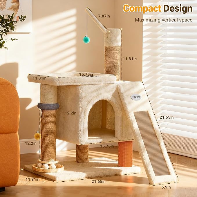 【Scratch & Playhouse】 PetDance Small Cat Tree Tower with Scratching Posts【100% Natural Sisal 】, Wood Track Ball Toy & Self-Grooming Brush for Bored Indoor Cats, Oatmeal