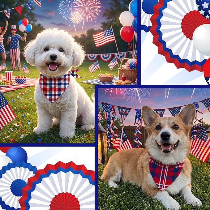Abbylike 50 Pcs Patriotic Plaid Dog Bandanas Bulk 4th of July Bandanas for Dogs Triangle Kerchief Bib Scarf Set for Pet Independence Day 250th Anniversary Party Costume, 25 Styles(25.6 x 17.7 x 17.7)