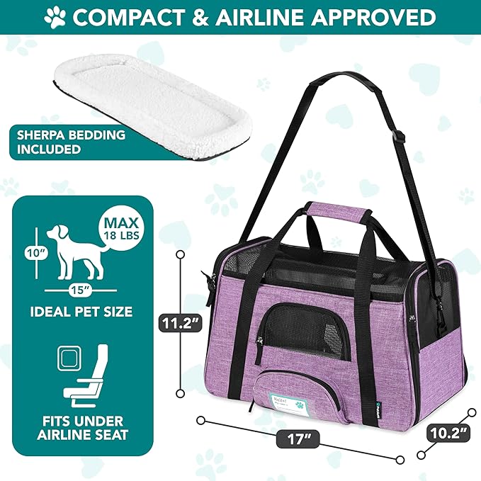 PetAmi Airline Approved Pet Carrier for Cats & Small Dogs, Soft Sided TSA Travel Carrier Bag with Sherpa Bed, Breathable Mesh Ventilation, Collapsible Bowl, Up to 18 lbs, Small Heather Purple