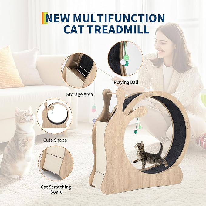 Cat Wheel Exerciser for Indoor Cats, 45'' Large 3-in-1 Cat Treadmill with Scratching Board and Play Balls, Quiet Cats Running Wheel for Kitty Fitness Wood Color
