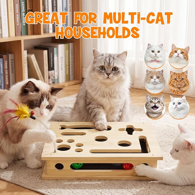 SENNOVI Extra Large Cat Toys for Indoor Cats, Wooden Puzzle Feeder & Scratcher Box, Interactive Enrichment Activity Center with Sandpaper Nail Trimmer, Boredom Buster for Multi Cat Households