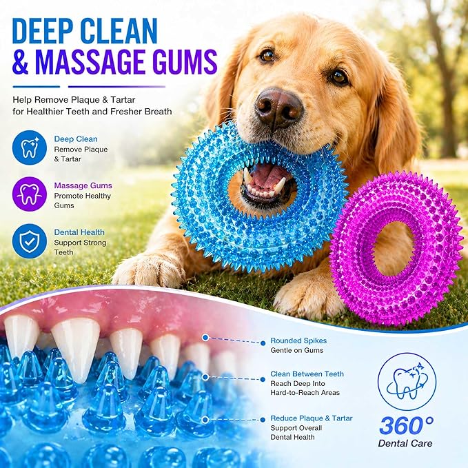 ADUCK Dog Squeaky Chew Toys for Aggressive Chewers, Small Medium Large Dogs Teeth Cleaning Soft Natural Rubber Float Toy for Indoor Outdoor Water Pool, Donut Ring Design 4.92 inch, Blue Purple