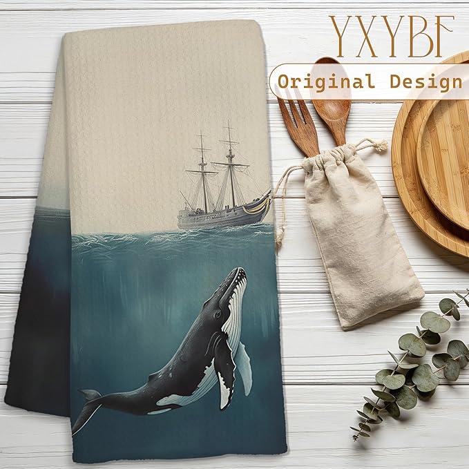 Vintage Nautical Hand Dish Tea Towels for Kitchen Bathroom Decor 16x24 Inches, Whale Lover Gifts, Coastal Ocean Humpback Whale Sailing Kitchen Towels Decorative