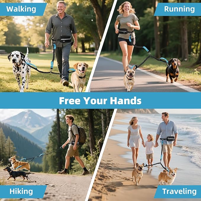 VavoPaw Hands Free Dog Leash for 2 Dogs with Pouch, Waist Leash for Dog Walking, Jogging, Hiking, Retractable Leashes with Dual Padded Handles, Adjustable Reflective Belt for Small, Medium, Large Dogs