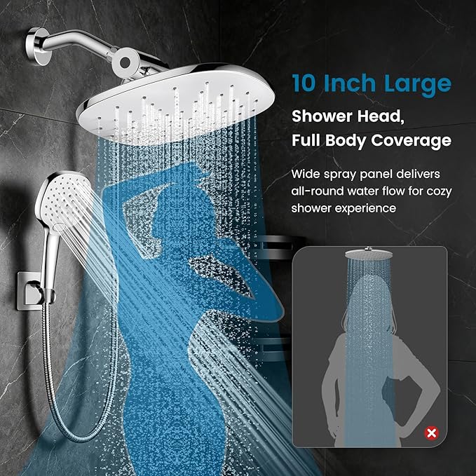 PWERAN 10" High Pressure Rain Shower Head with Handheld, Rainfall Shower Heads with 3-Mode Handheld Spray Combo, Detachable Hand Held Showerhead,71'' Hose and Holder for Kids, Pet & Elderly