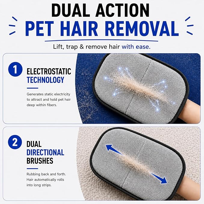 Pet Hair Removal Glove for Dogs & Cats, Newly Upgraded Reusable Electrostatic Pet Hair Remover Tool for Couch, Furniture, Bedding, Clothing & Car Seats