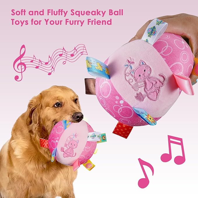 Letalong Dog Squeaky Plush Toy with Straps, 6-Inch Soft Stuffed Ball with Cotton Material and Bell Built-in, Pet Interactive Fetch Toy for Small to Large Dog
