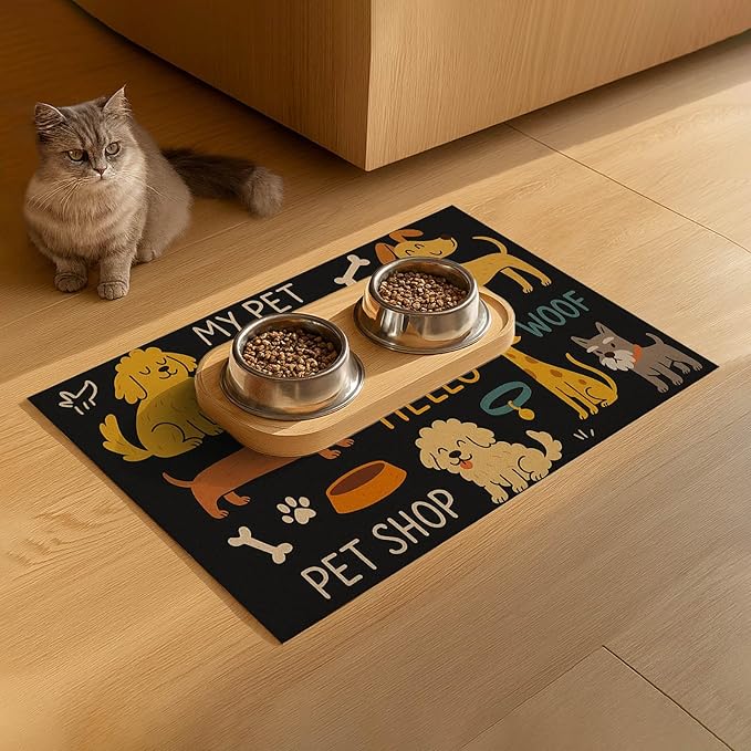 HOMETITUTE Cute Happy Dog Pattern Design Pet Food Mat 20" x 12" Fun Easy Clean Pet Feeding Mat Absorbent Cat Bowl Mat Non Slip Dog Foods Mats Pets Placemat for Dogs and Cat Feeding