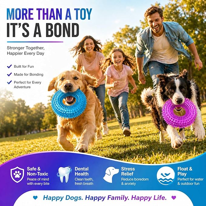 ADUCK Dog Squeaky Chew Toys for Aggressive Chewers, Small Medium Large Dogs Teeth Cleaning Soft Natural Rubber Float Toy for Indoor Outdoor Water Pool, Donut Ring Design 4.92 inch, Blue Purple