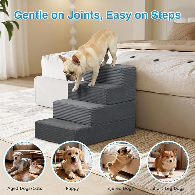 Dog Stairs for Small Dogs, 18" H Dog Steps for High Bed, 4 Steps 3 in 1 Foldable Pet Ramp for Large Cats Climb, Transformable Large Cats Ramp to Get on Couch, Non-Slip Balanced, Dark Grey