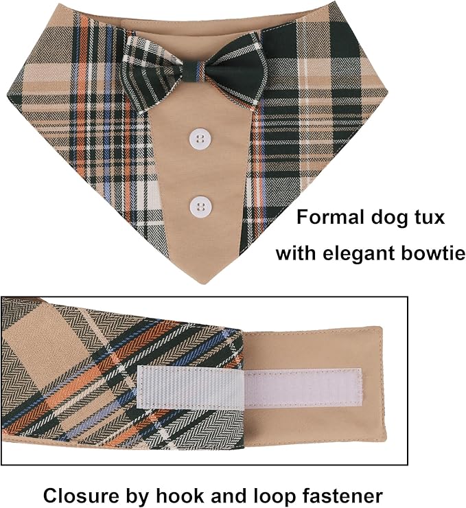 ADOGGYGO Brown Dog Tuxedo, Plaid Pet Bowtie Collar, Adjustable Brown Plaid Bandana for Small Dogs (S)