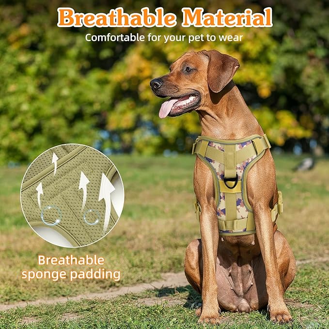 VavoPaw Heavy Duty Tactical Dog Harness for Large Dogs, No Pull Adjustable Pet Harness Reflective Service Training Easy Control Pet Vest Military K9 Working Dog Harnesses, Desert Camouflage, M
