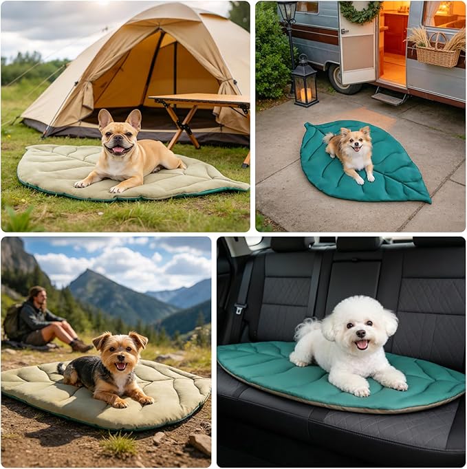 SCENEREAL Outdoor Dog Bed - Waterproof Reversible Leaf Mat 43x26, Portable Foldable Pet Bed for Small/Medium Dogs & Cats, All-Weather for Camping & Travel