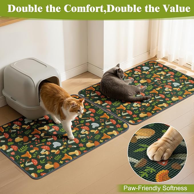 Unicorn Catcher 24X15in 2packCat Litter Mat Machine Washable Soft 3D Air Mesh Litter Box Rug Non-Slip Backing Quick Dry Scatter Control for Paws,Green Mushrooms