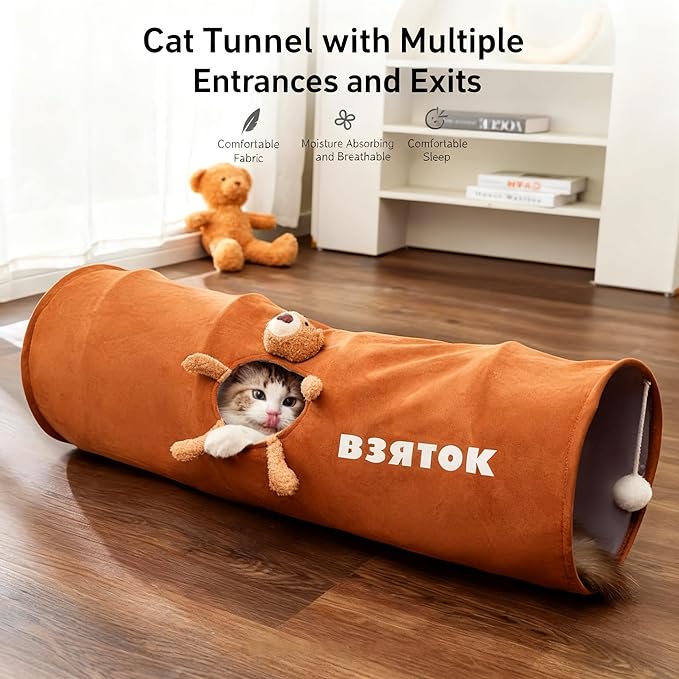 Cat Tunnel for Indoor Cat Tube Collapsible Cat Tunnel Bed with Hanging Ball,Play Tunnel for Kitten,Kitty,Puppy,Rabbit,Funny Interactive Cat Toy Gift for Cat Lover(Bear,31.5″x10″x10″)