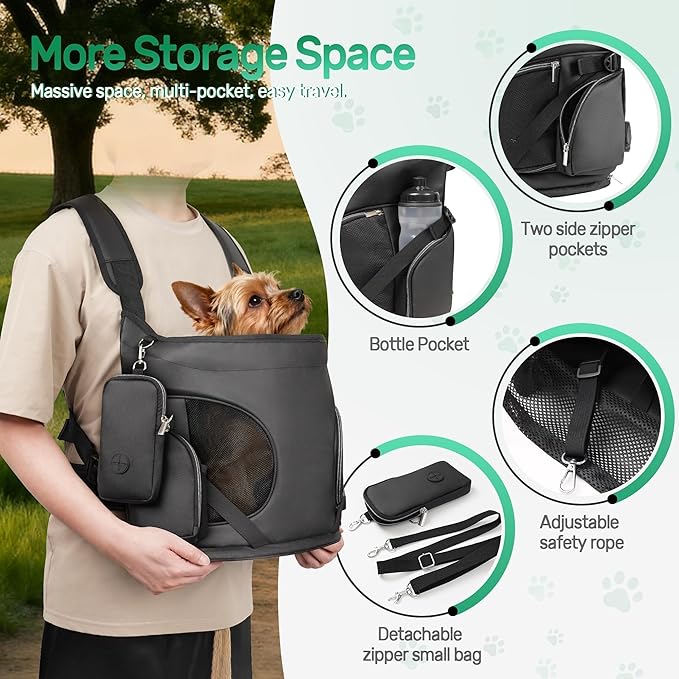 YUDODO Dog Front Backpack Carrier 7-15 lbs, Soft Breathable Pet Front Facing Carrier with Adjustable Straps, Multi-Pocket Design, for Small Dogs & Cats (with Detachable Sling Pouch - Black)