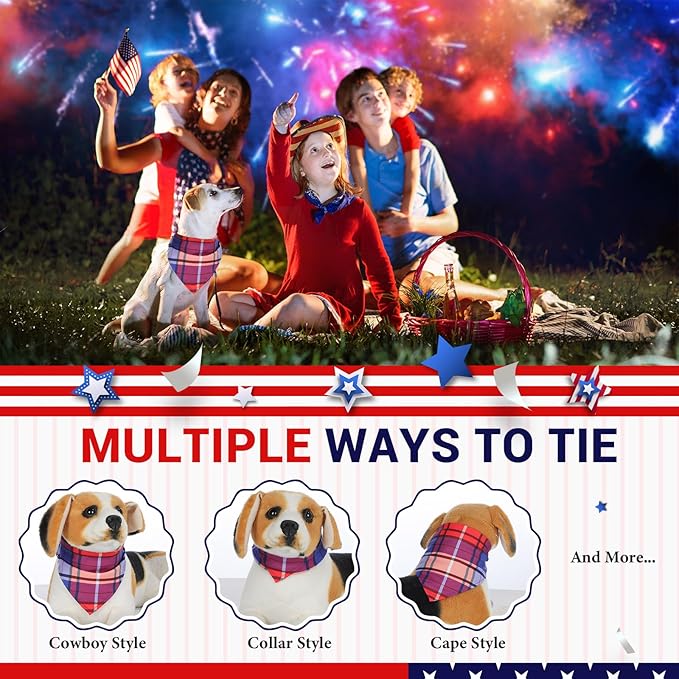 Geyoga 60 Pcs 4th of July Patriotic Dog Bandanas Bulk Plaid Dog Bandanas Bulk Pet Grooming Supplies Patriotic Pet Triangle Scarf Bibs Adjustable Washable Kerchief for Dogs Cats Costume