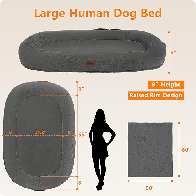 Human Dog Bed with Blanket, 71"x47.2"x9" Extra Large Fits Adult & Pets, Reversible Orthopedic Gel Memory Foam Cushion, Washable Faux Rabbit Fur, Plump Edge, Storage Pocket, Cement Grey