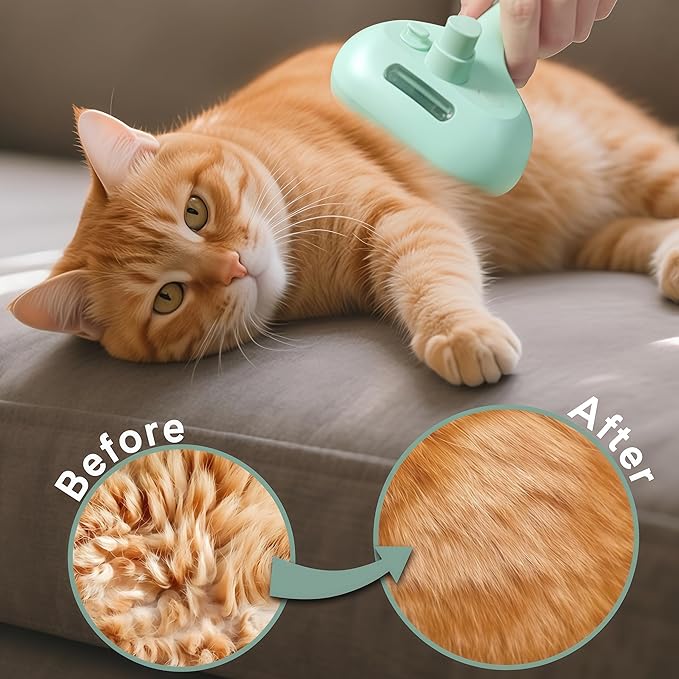 Pet Steam Brush for Dogs & Cats - 3-in-1 Deshedding & Detangling Tool with Steam Spray, Anti-Static Grooming Brush for Long/Short Haired Pets, Waterless Cleaning & Massage(Green)