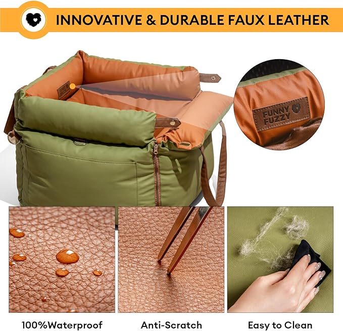 FUNNYFUZZY Luxury Dog Car Seat for Small Medium Dogs Under 35 lbs, Waterproof Leather Pet Booster Seat with Safety Leash & Anti-Slip Base, Fully Padded Dog Car Bed, Portable Puppy Carrier(Green)