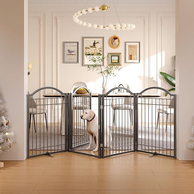 BHG Metal No-Assembly Freestanding Dog Gate with Door Walk Through, Extra Wide 96", Extra Tall 32" Pet Gate, Accordion Puppy Folding Playpen Dog Fence, with 2PCS Support (Black, 4 Panels)