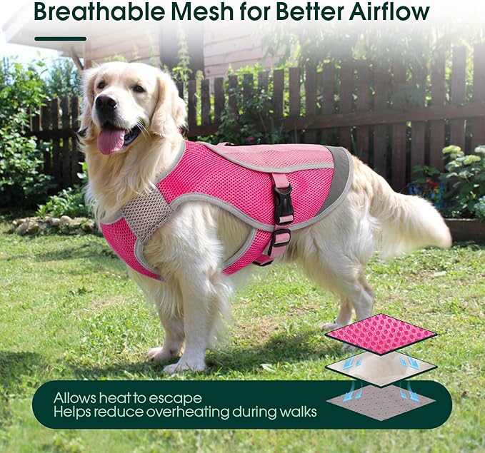 Kuoser Dog Cooling Vest for Dogs, Lightweight Dog Cooling Harness Shirt with Reflective Stripe, Breathable Mesh Cooler Jacket Pet Cool Vest for Small Medium Large Dogs Summer Hot Weather, Pink 2XL