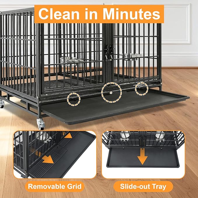 Homey Pet 43 Inch Stackable Heavy Duty Dog Crate Cage Kennel with Lockable Wheels, Removable Tray & Grid, Divider, Feeding Bowls, Escape Proof Drop Cage Bank for Small Medium Large Sized Dogs(3 Tiers)