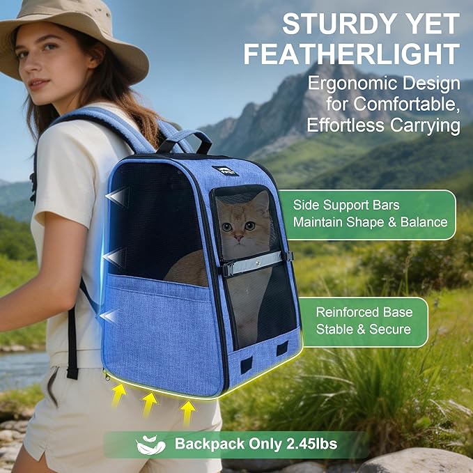 Cat Backpack Carrier with Ventilation Mesh and Safety Leash, Lightweight Dog Travel Backpack with Pockets, Reflective Strip, and Removable Mat,Hiking and Outdoor Use,Blue