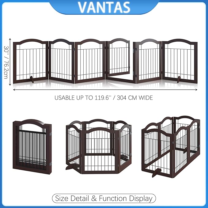 Vantas Espresso Wooden Folding Dog Gate 144" Wide x 30" Tall with Door, Freestanding Pet Gate, Pet Puppy Safety Fence
