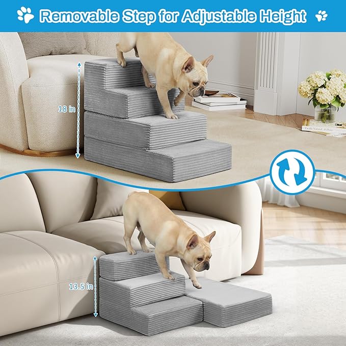 Dog Stairs for Small Dogs, 18" H Dog Steps for High Bed, 4 Steps 3 in 1 Foldable Pet Ramp for Large Cats Climb, Transformable Large Cats Ramp to Get on Couch, Non-Slip Balanced, Dark Grey