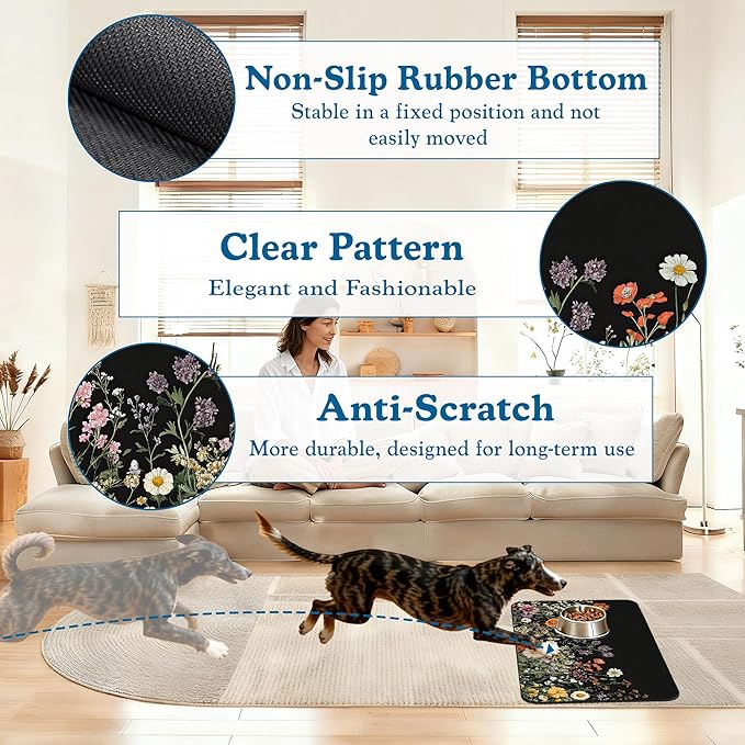 Vintage Wild Herbs Dog Cat Food Mat–Absorbent Waterproof Placemat for Food and Water Bowls, Non Slip Rubber Backing, Feeding Mat for Clean Floors 12"x20"