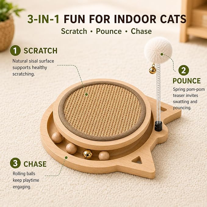 Cat Scratcher Board with Natural Sisal, Interactive Cat Track Toy with Spring Ball – Durable Kitten Scratching Pad for Indoor Cats, Kitty Wooden Cat Toy Stress Relief & Fun Exercise