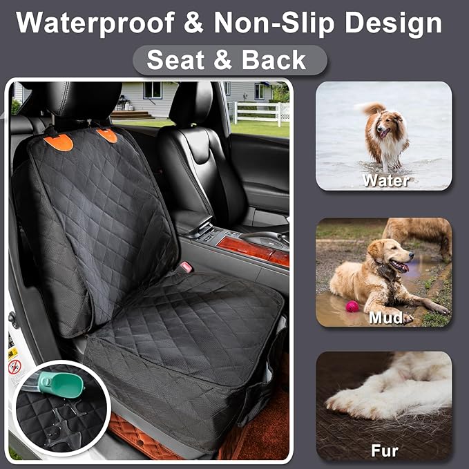 Dog Car Seat Cover Front Seat - Waterproof and Non-Slip, Heavy-Duty Pet Seat Protector with Side Flaps, Full Protection for Front Bucket Chairs on Cars SUVs Trucks (Black, Standard Front)