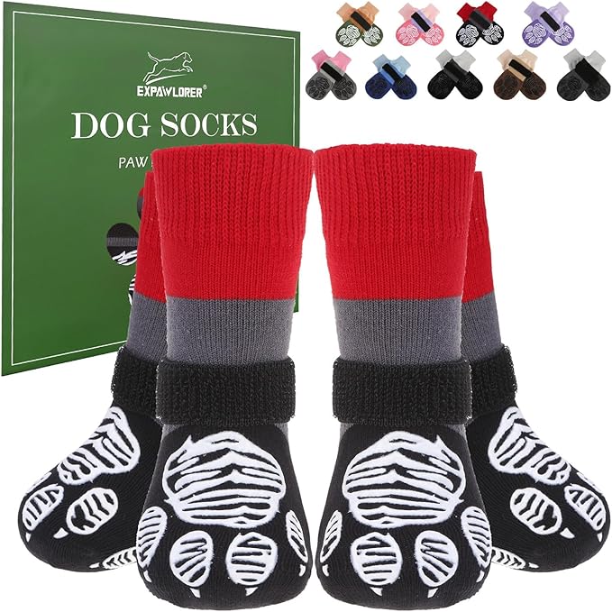 EXPAWLORER Christmas Anti Slip Dog Socks to Prevent Licking Paws, Dog Shoes for Hot Pavement Dog Booties for Hardwood Floors, Dog Boots & Paw Protectors for Small Medium Large Senior Dogs Red Black XS