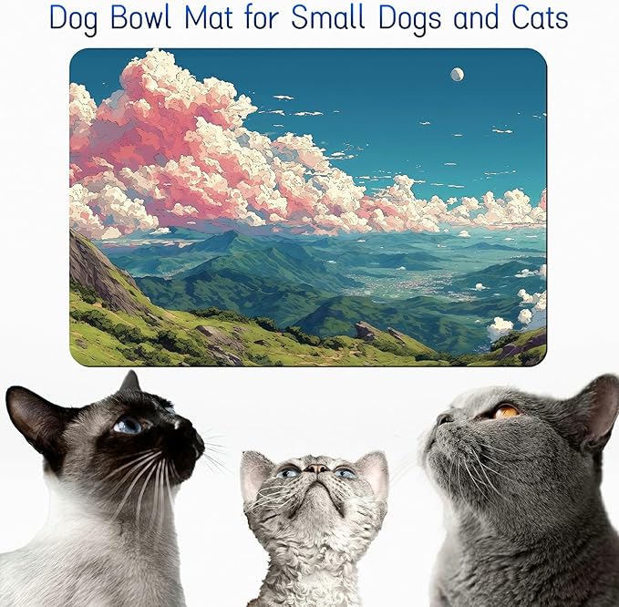 Dog Food Mat, 19.6" x 23.6" Absorbent Pet Feeding Mat for Food and Water, Waterproof Diatom Mud Pet Placemat with Non-Slip Rubber Backing, Cat Bowl Mat for Floors - Pink Cloud Mountain