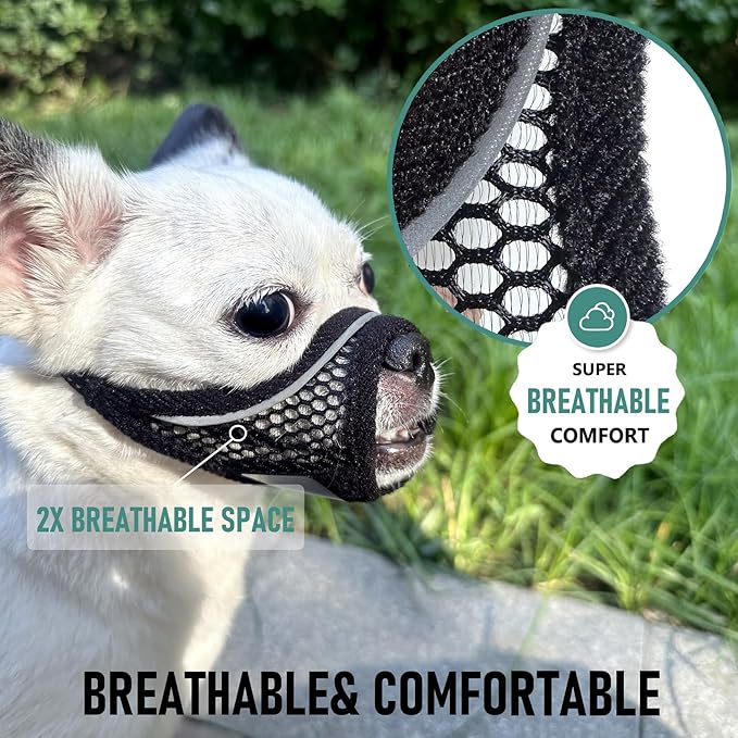 Dog Muzzle, Soft Mesh Muzzles for Small Dogs, Chihuahua Shih Tzu Yorkie Pom, Short Snout Mouth Guard for Barking Biting Grooming, Breathable Adjustable Puppy Muzzle(Black, XXS)