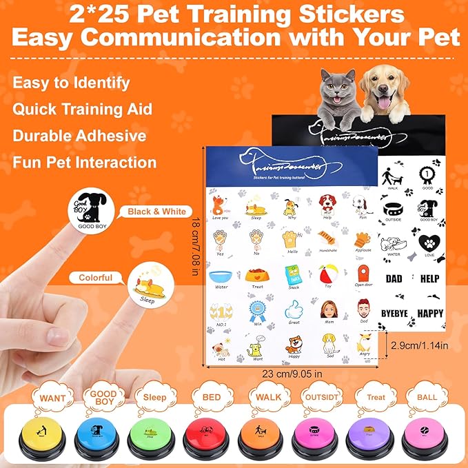 Dog Buttons for Communication,8Pcs 8 Color Talking Button Set with 30s Recordable Voice Pet Training Buzzers with 2 Mats & 2 Stickers, Talking Buttons for Dogs & Cats (Batteries Not Included)